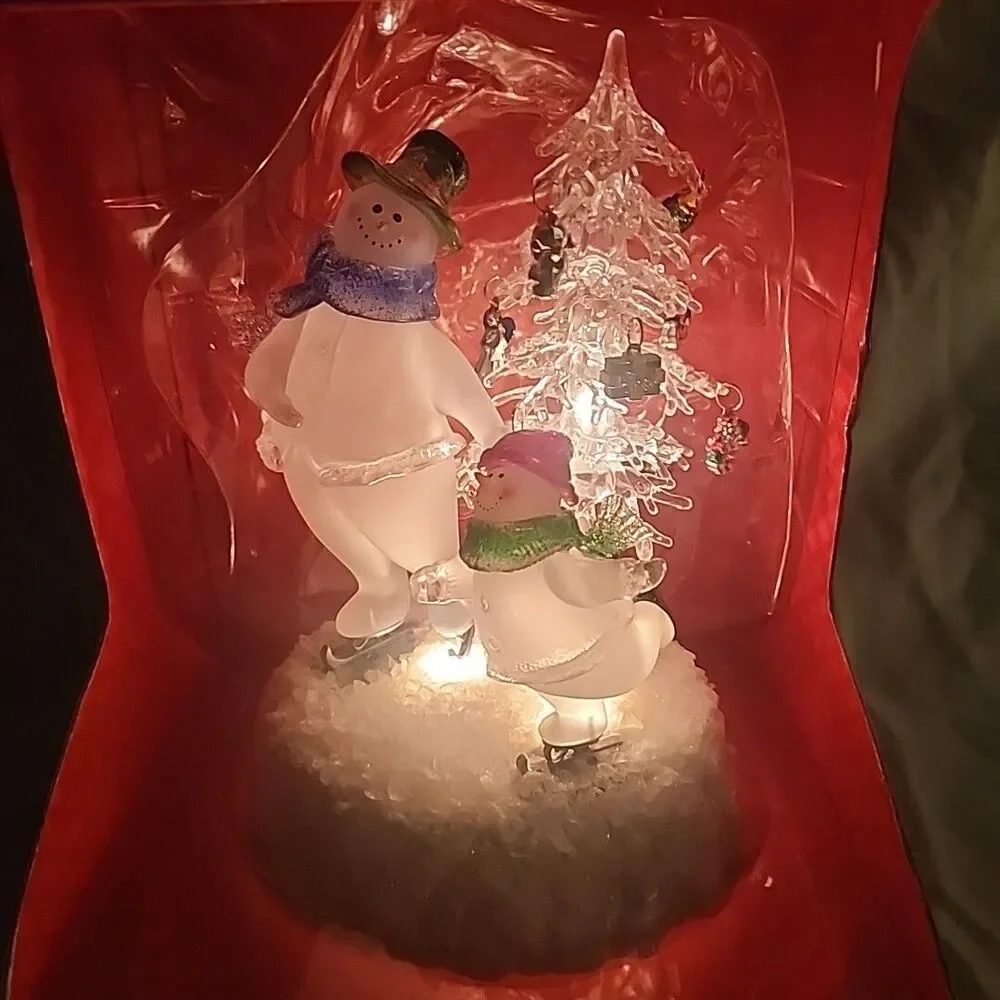 Skating Snowmen  By Christmas Tree Acrylic Lights Up 10” Merrybrite 2004 In Box